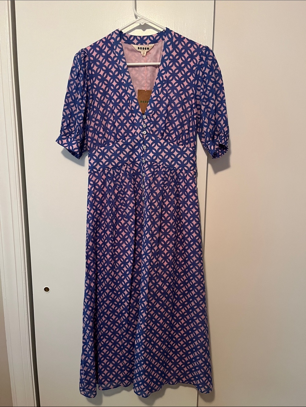 Boden Pink and Blue Geometric V‑Neck Midi Dress